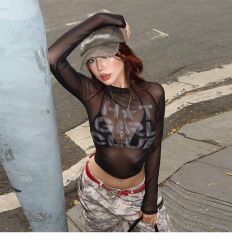 字母印花性感透視網紗長袖辣妹T恤女