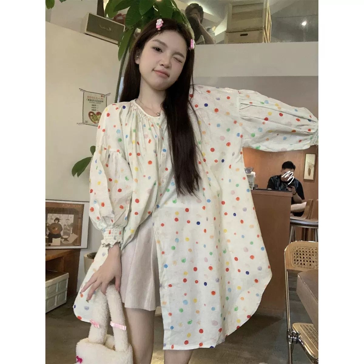 春季2025彩色波點單排扣襯衫女新款甜美風寬鬆減齡設計感長袖上衣