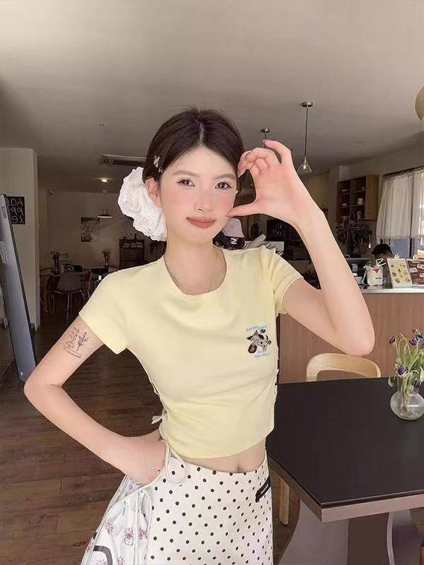 洋氣短袖T恤女夏季新款蝴蝶結鏤空正肩短款小上衣