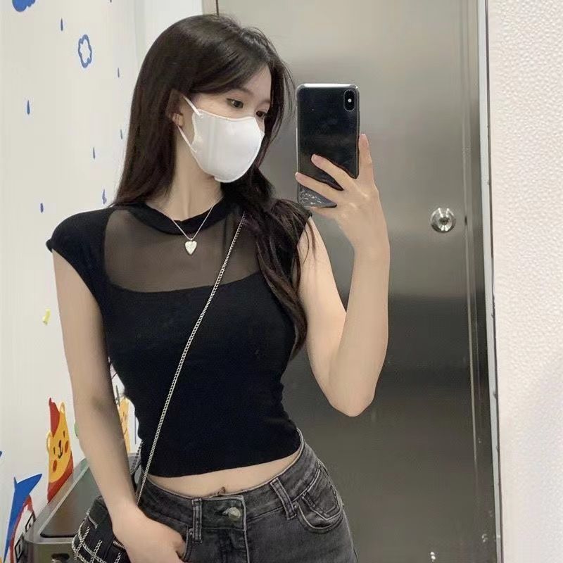 辣妹性感黑色網紗拼接正肩短袖T恤夏季修身緊身短款顯瘦純欲上衣