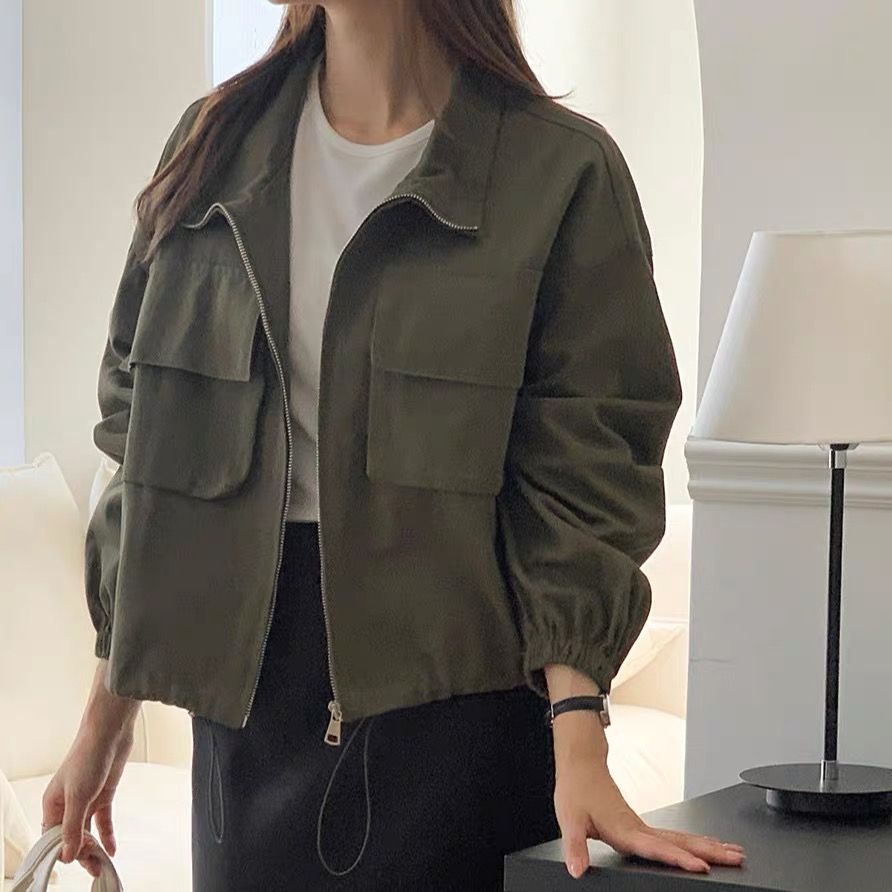 Korean chic autumn new style baseball large pocket bf wind casual zipper work short jacket stand-up collar coat top 