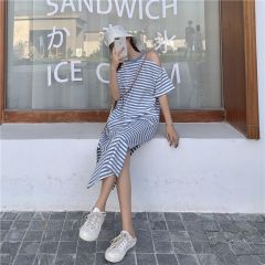 Cotton stretch summer new Korean version ins super hot striped dress with slit loose draped sling nightgown