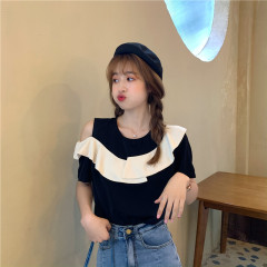 Ruffled off-shoulder short-sleeved shirt shirt top New French black spliced ​​chiffon shirt for women summer