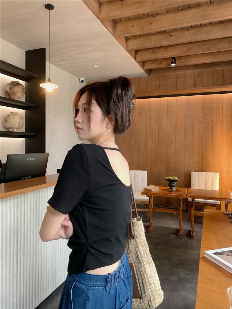 短袖T恤女夏季韓版修身露背短款