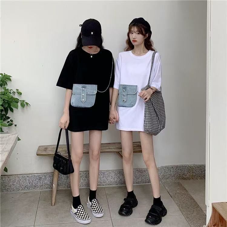夏季新款女裝韓版圓領拼接牛仔中長款短袖上衣t恤女