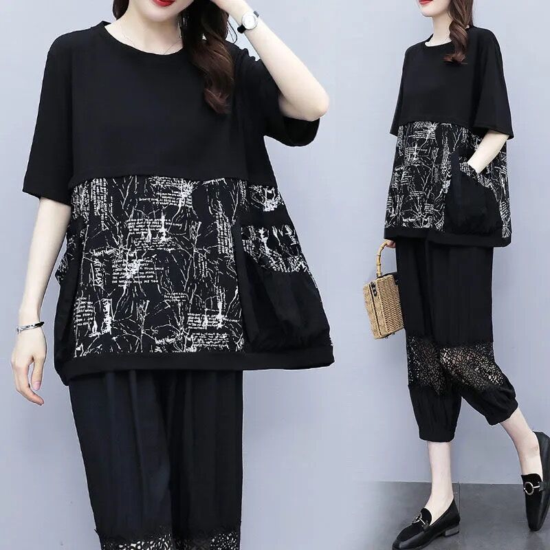 200 catties plus size fat mm summer women's clothing casual loose fashionable belly covering fashion short sleeves two-piece set