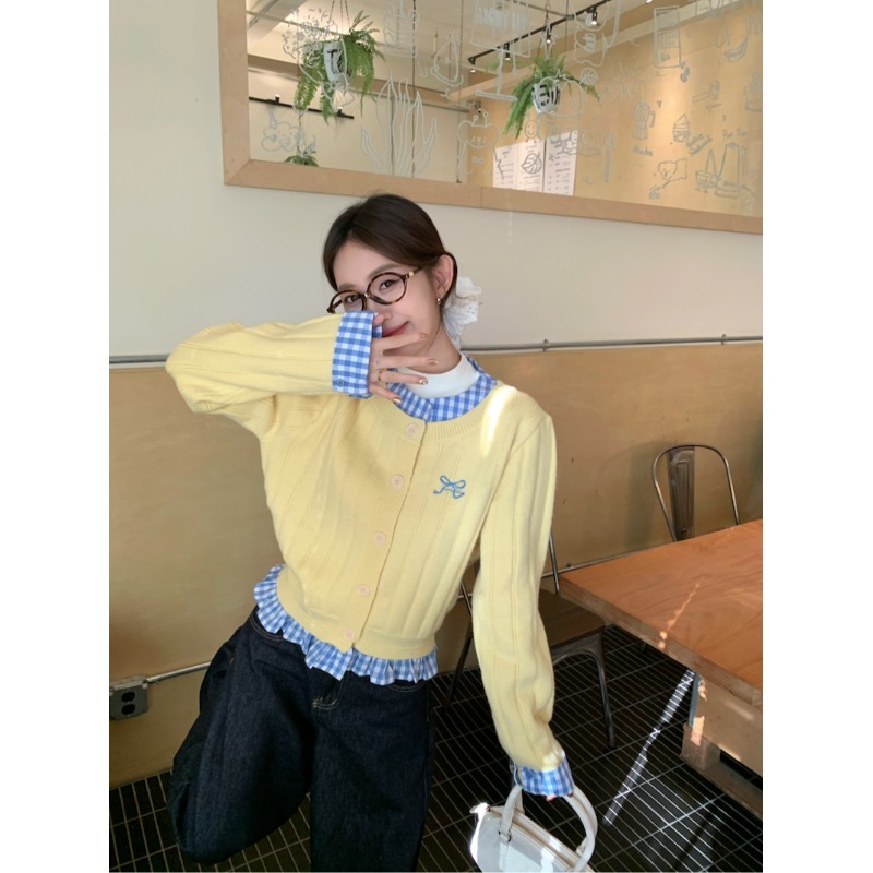 韓系格紋拼接毛衣外套女春季2025新款時髦洋氣單排扣寬鬆針織開衫
