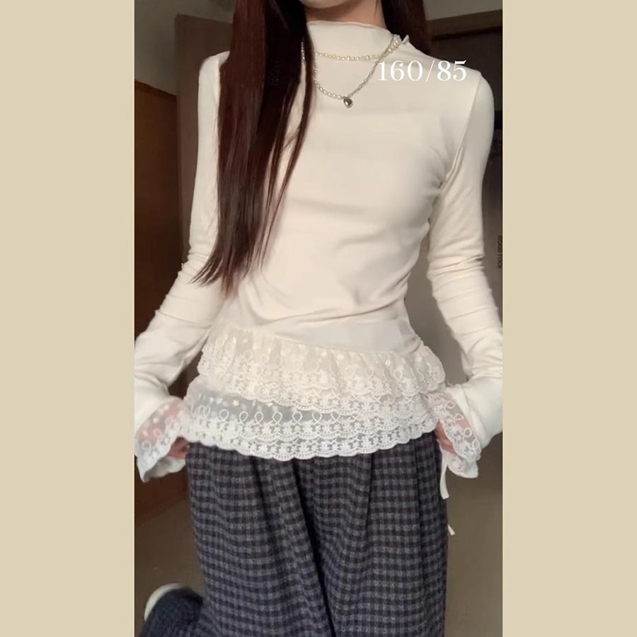 Korean half-high neck lace spliced ​​T-shirt for women's spring and autumn design drawstring bottoming shirt underwear