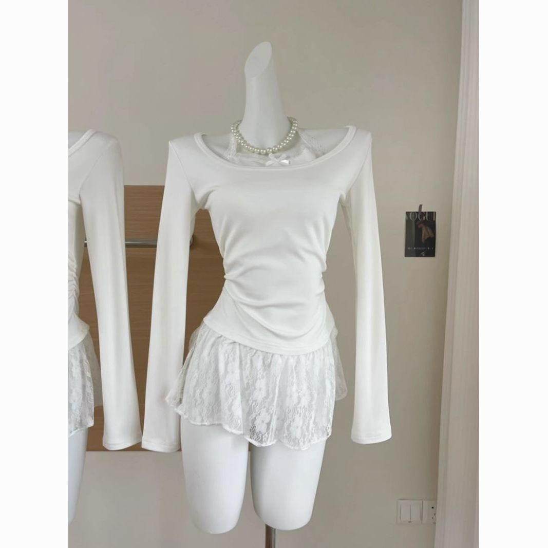 Women's white lace spliced ​​halter neck bottoming shirt