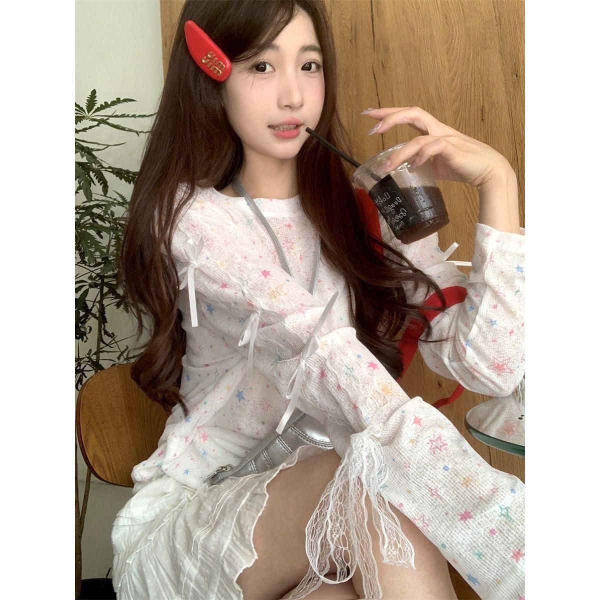 竹節螺紋 多巴胺彩色星星甜酷T恤女春季修身顯瘦防曬上衣
