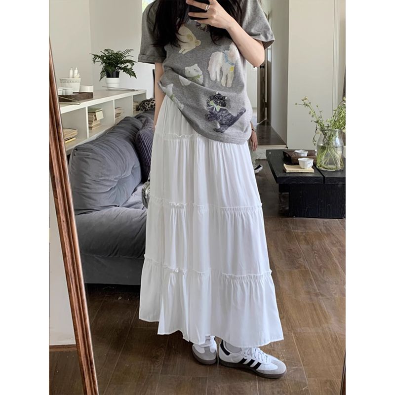Summer thin gentle white skirt for women with high waist slimming 2025 new tall mid-length cake skirt
