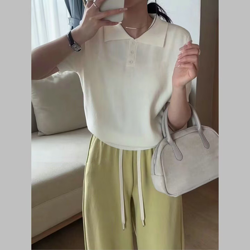 Front shoulder lapel knitted short-sleeved T-shirt for women in summer small fragrance polo shirt top