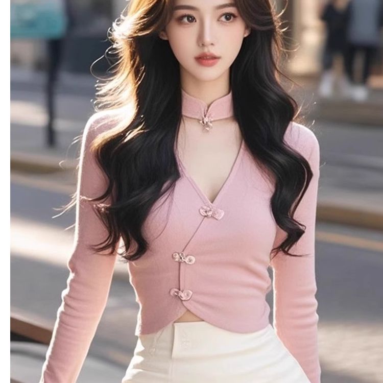 秋冬新中式v領復古盤扣國風修身打底衫女設計感掐腰露臍短款上衣