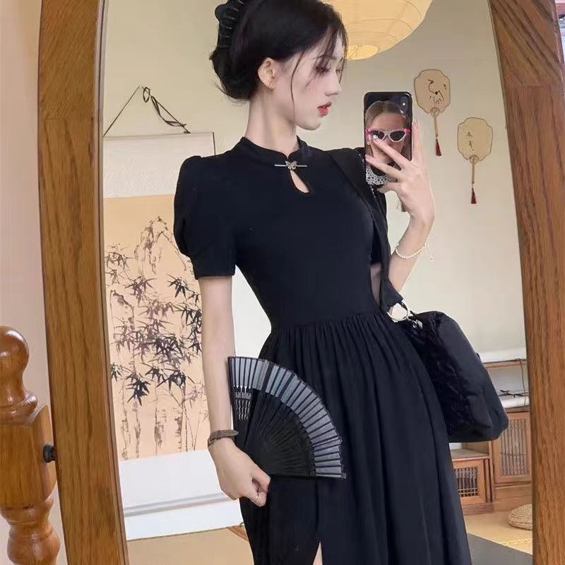 中式國風改良旗袍黑色修身連衣裙女側邊開叉夏季泡泡短袖收腰長裙