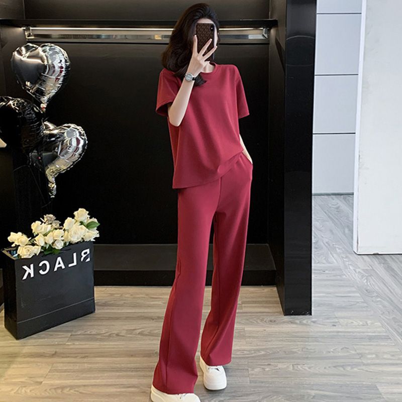 Imitation cotton sports and casual suit for women in summer, slimming and age-reducing fashionable short-sleeved wide-leg pants two-piece set of fashionable