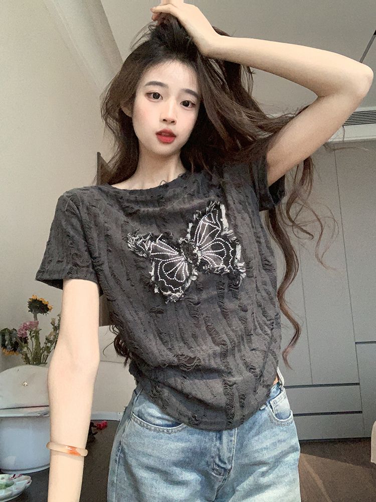 重工蝴蝶貼布短袖T恤女2025夏季新款設計感時尚顯瘦小眾破洞上衣