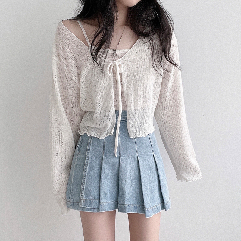 Korean chic suit strap cardigan thin sun protection jacket knitted suspender two-piece set for women