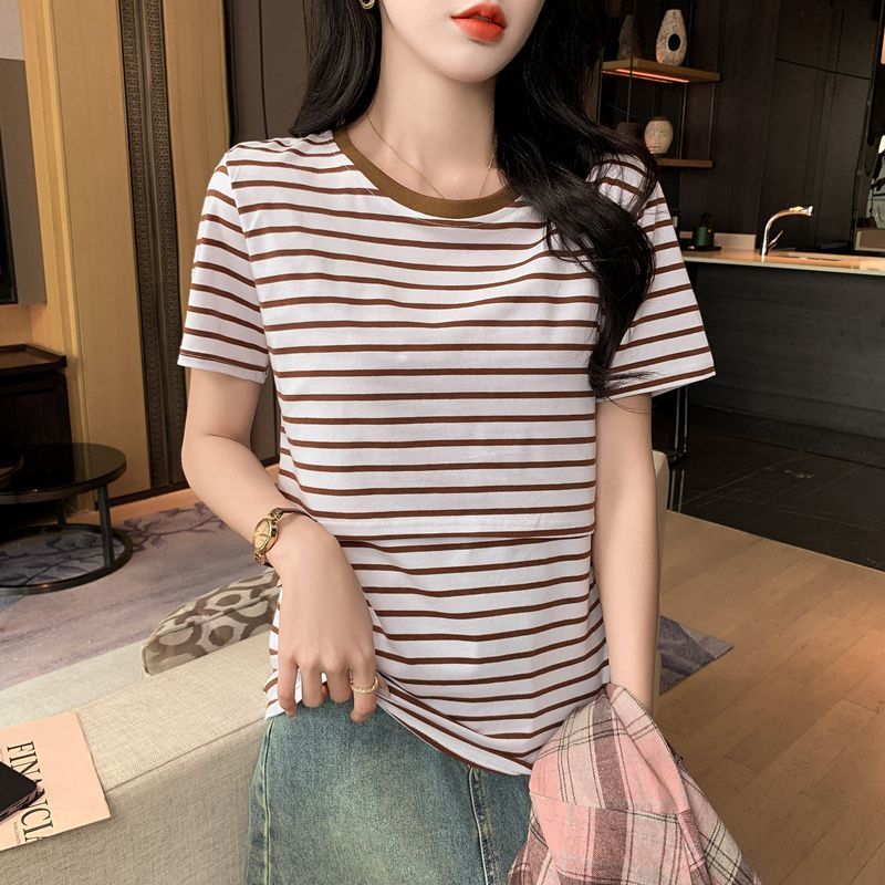 Lactation T-shirt for women stripes in summer postpartum hot mom soft and comfortable breastfeeding clothes top base shirt