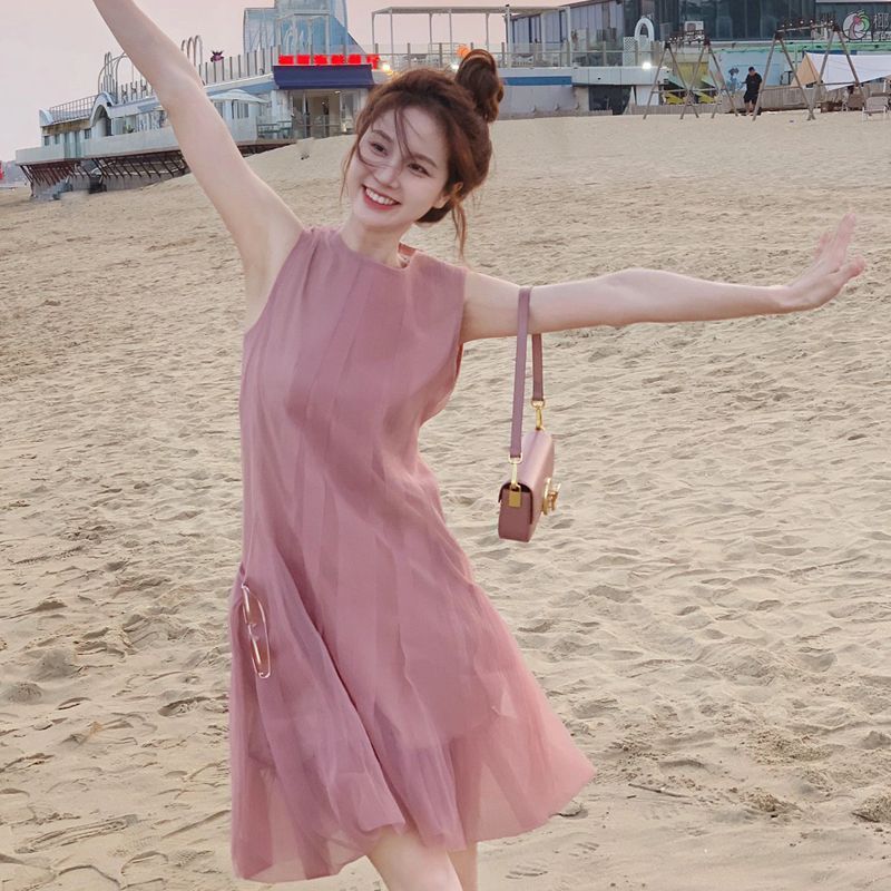 連衣裙女夏季法式溫柔無袖甜美高級感溫柔a字收腰網紗度假風裙子
