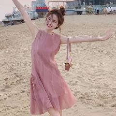 Ladies' Summer French-style Gentle Sleeveless Sweet High-end Feeling A-line Waist-cinch Net Dress for Vacation