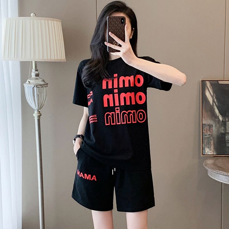 Imitation cotton casual sports suit for women in summer 2025 new age-reducing black short-sleeved T-shirt and shorts trendy