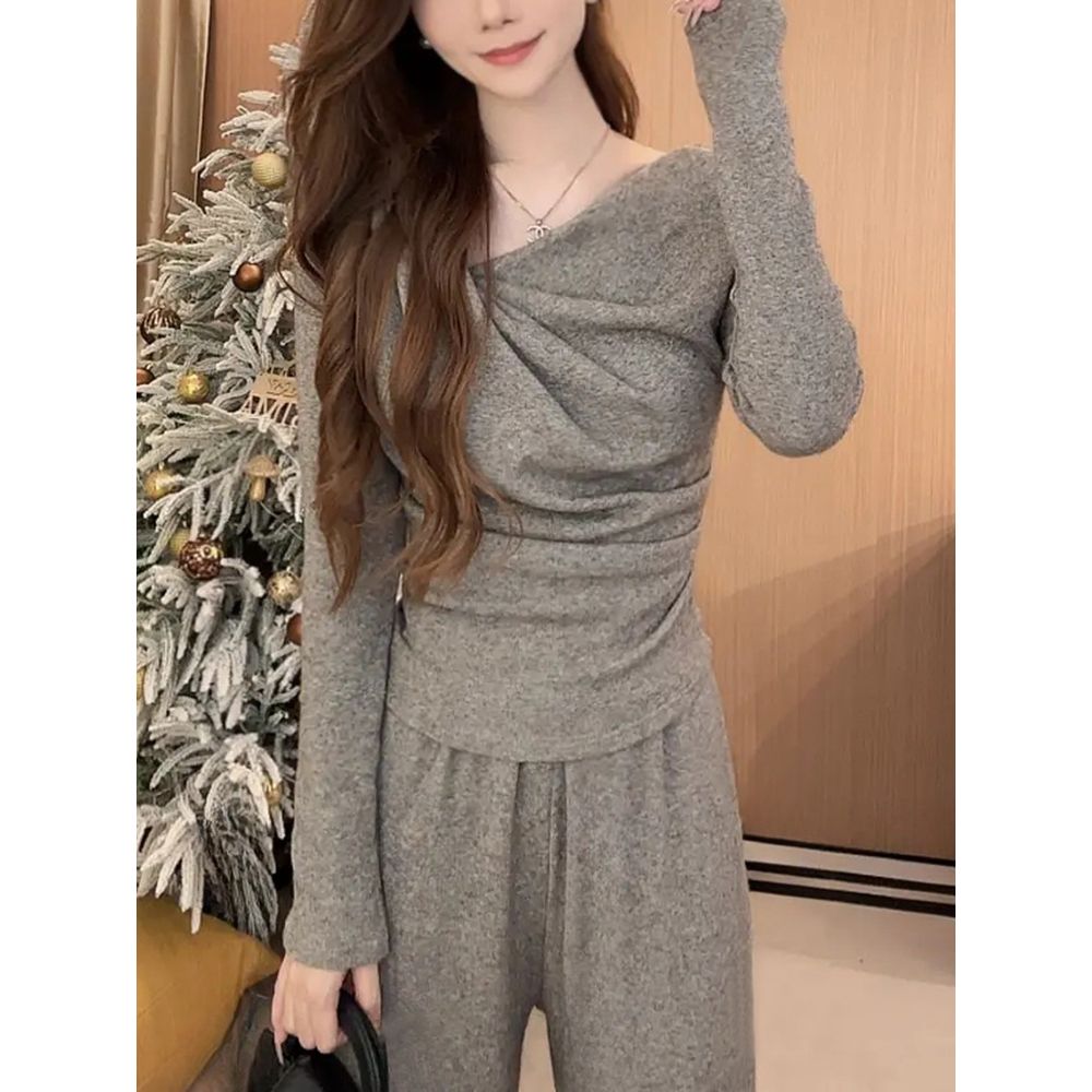 Women's Autumn/Winter Casual Fashionable Slimming Elegant Suit with Irregular Pleated Top and All-Match Wide-Leg Pants