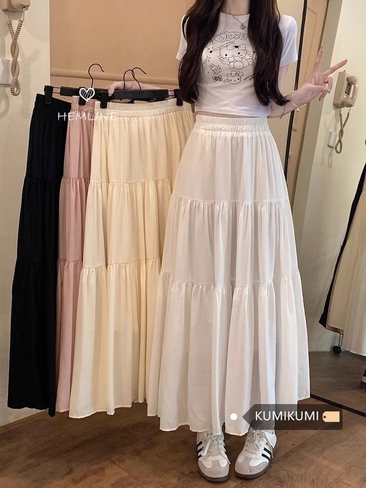 French gentle style white A-line skirt large hem skirt for women in summer high waist slim pink skirt versatile long skirt