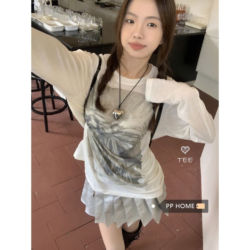 竹節螺紋白色印花T恤女夏季簡約百搭時尚休閒長袖防曬上衣