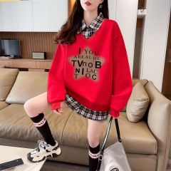 Real shot of 2025 spring and autumn back collar twill, thin top POLO collar plaid sweatshirt for women