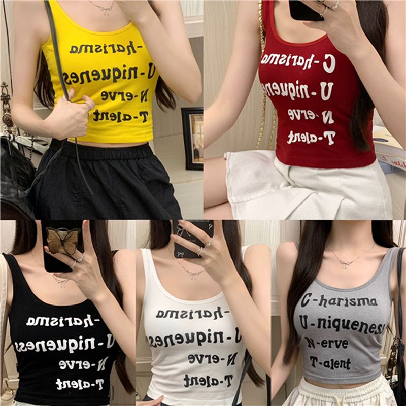 美式甜辣字母印花方領工字吊帶背心女夏季短款美背上衣外穿帶胸墊