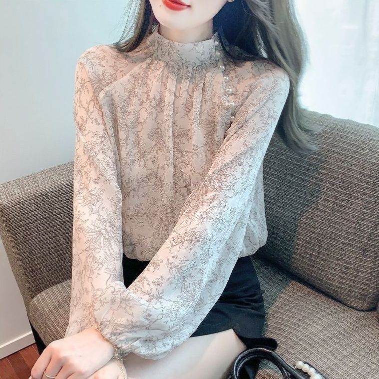有內里長袖新中式國風碎花旗袍襯衫女春裝復古高級感襯衣上衣服