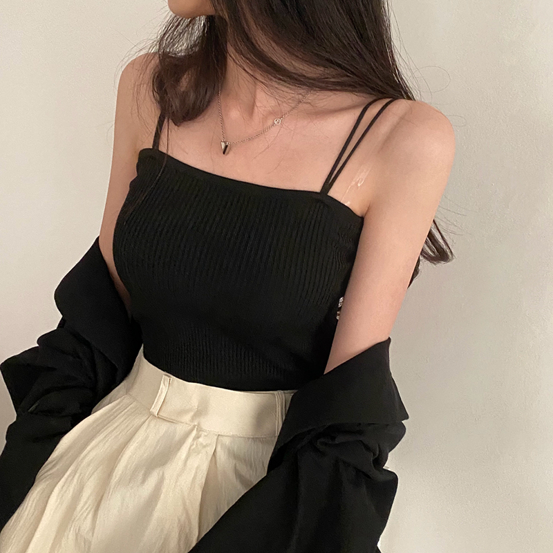 Korean chic versatile solid color double suspender slim fit knitted vest top for women