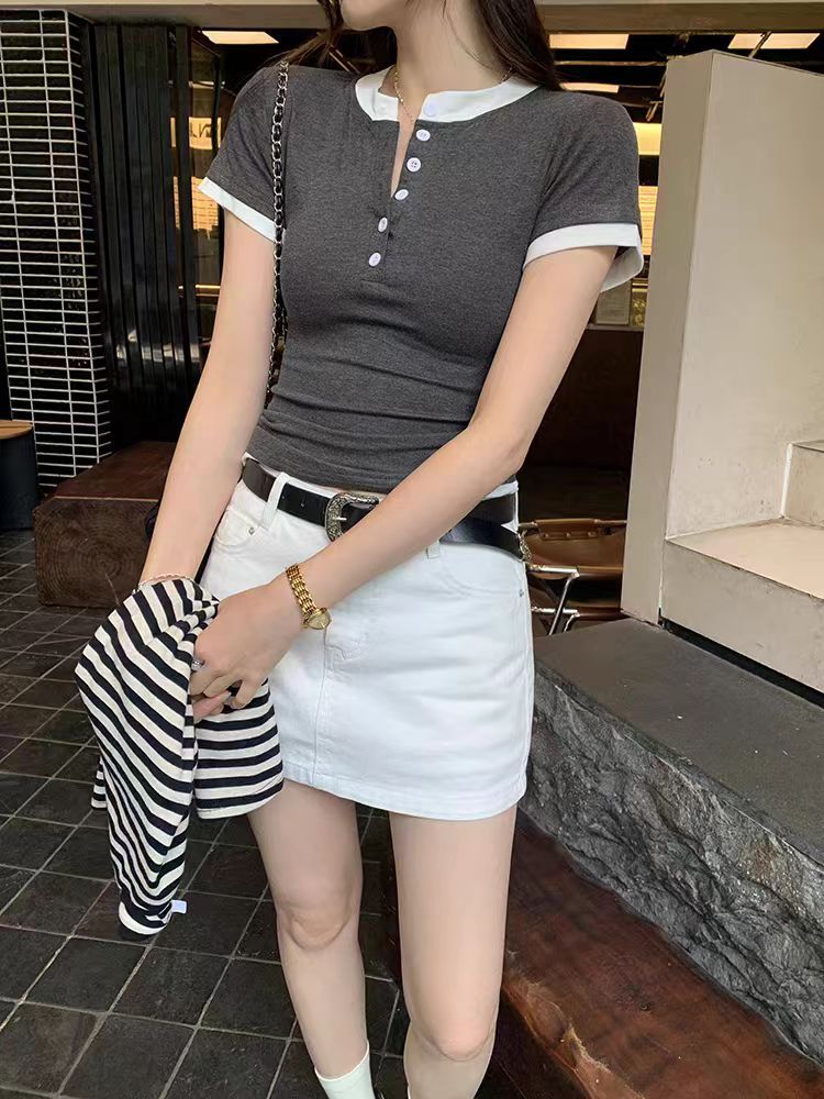 純棉美式辣妹撞色拼接假兩件短袖t恤女夏季修身顯瘦上衣