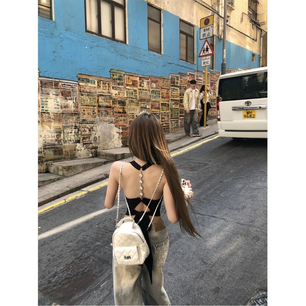 原版做法帶胸墊 1*1人棉260克 辣妹風設計感露背掛脖背心女