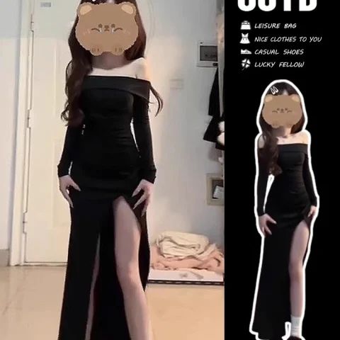 European and American style one-shoulder pleated irregular slit long-sleeved dress for women with slim fit and slim A-line long skirt