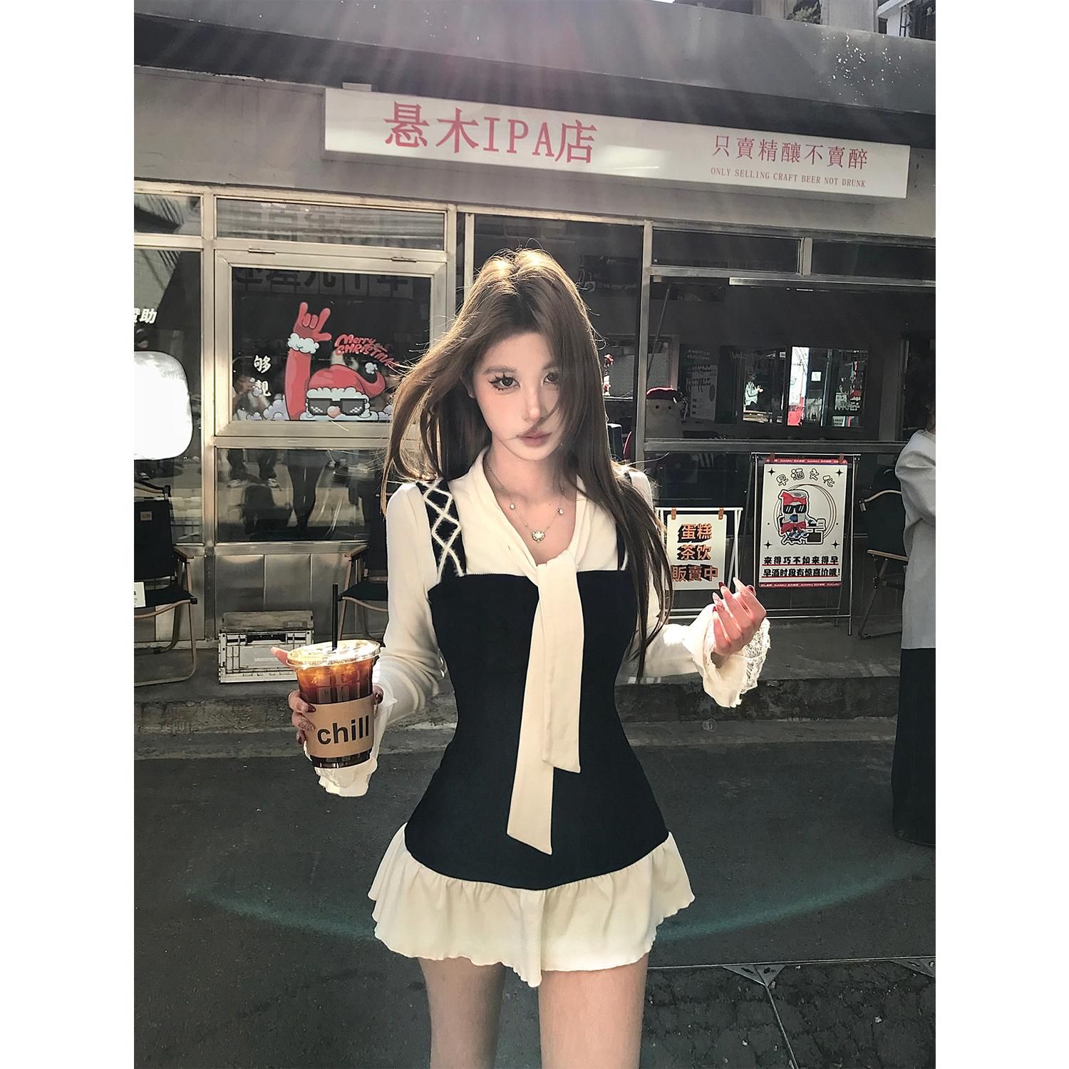 人棉假兩件收腰連衣裙女長袖高級春季氣質裙子