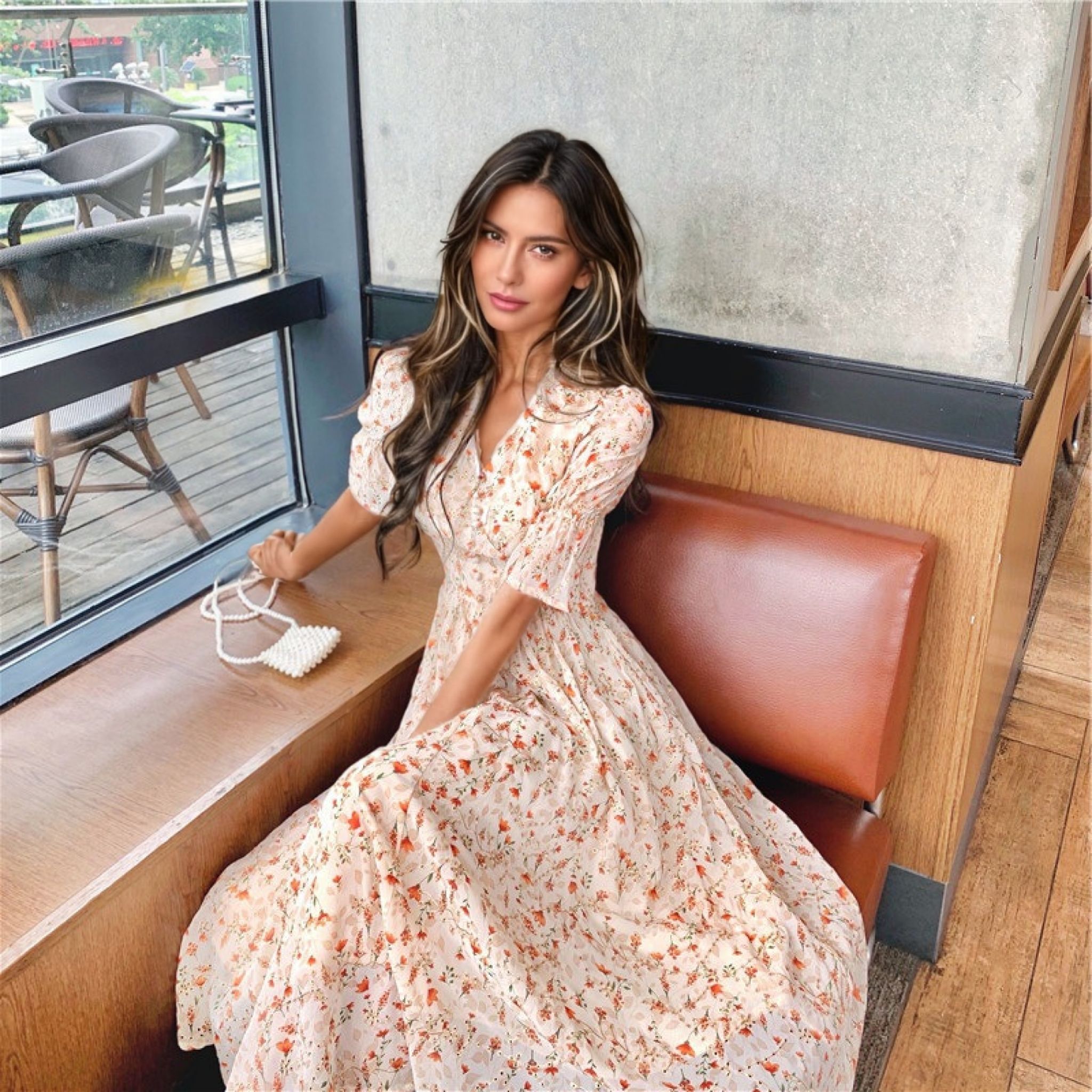 European and American summer clothing new style internet celebrity floral orange chiffon stalk skirt waist-length mid-length airy age-reducing dress