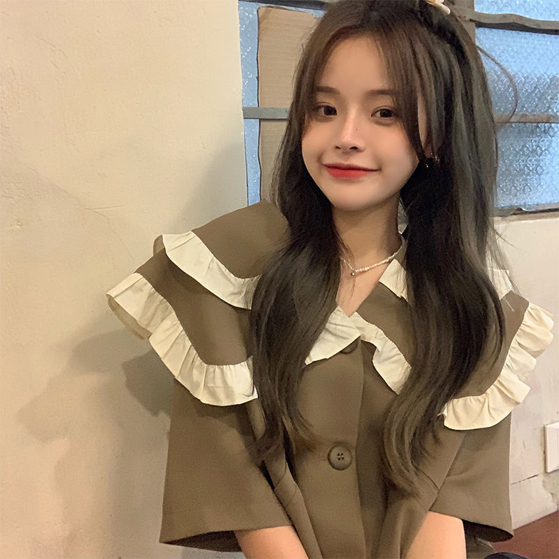 Doll collar double-layer short-sleeved shirt for women in summer new French design chiffon short shirt