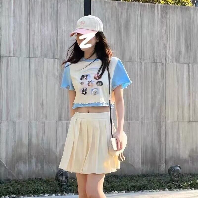 Rib spliced ​​short short-sleeved T-shirt with base top