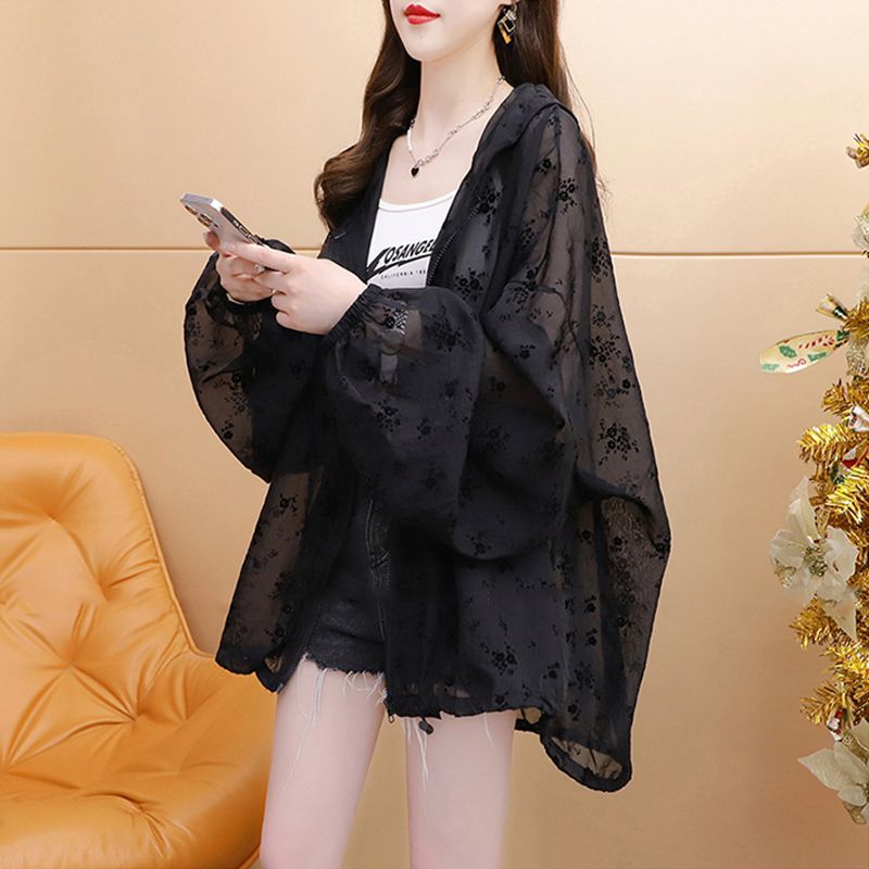 Official photo of polyester 2025 summer thin hooded sun protection clothes for women loose outer long-sleeved jacket top