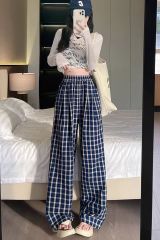Three-dimensional waist, retro blue plaid casual pants for women, new high-waisted straight floor wide-leg trousers