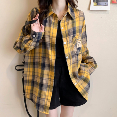 Specially for real photos, loose 2025 spring and autumn versatile yellow plaid label POLO collar shirt for women