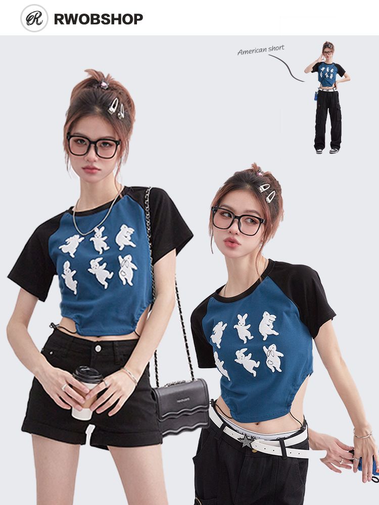 Retro drawstring waist-exposed design slim short top