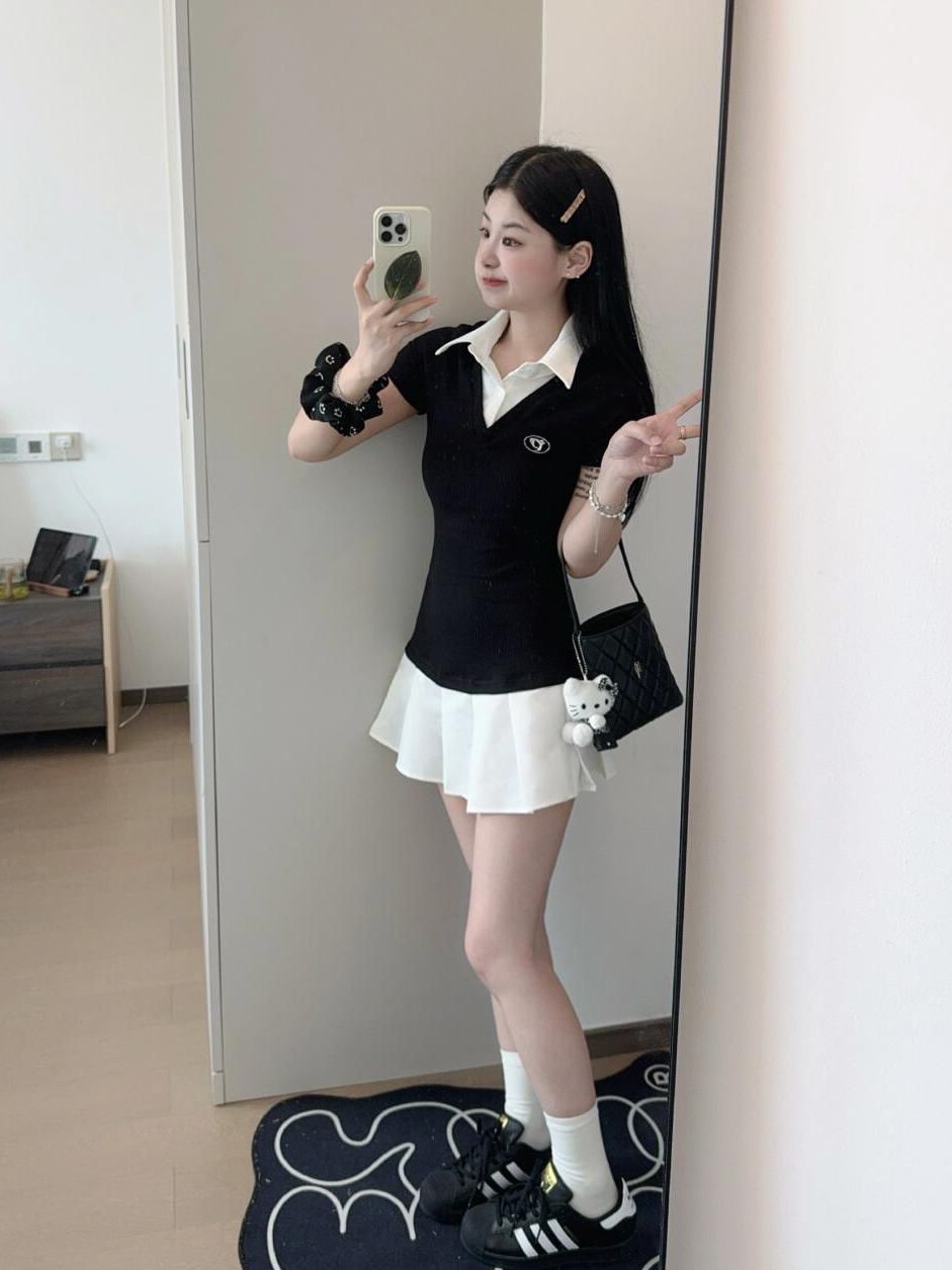 韓系學院風假兩件Polo領連衣裙夏美式甜辣收腰顯瘦百褶短裙小個子