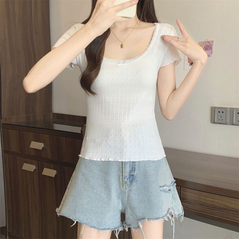 Real shot #jacquard hollow lace 2025 summer lace hollow short-sleeved T-shirt for women with bow