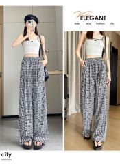 Retro plaid bow embroidered casual pants for women 2025 summer new high-waisted slim loose wide-leg pants