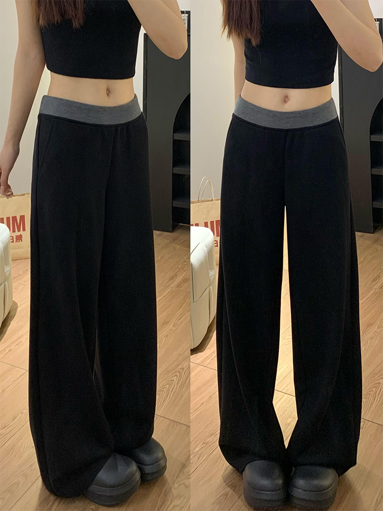 Black spliced ​​casual sports pants for women in spring and autumn new fat girl mm high waist loose slimming wide-leg floor-slimming pants