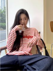 原版面料+毛巾繡 慵懶風條紋撞色字母T恤寬鬆休閒顯瘦中長款上衣