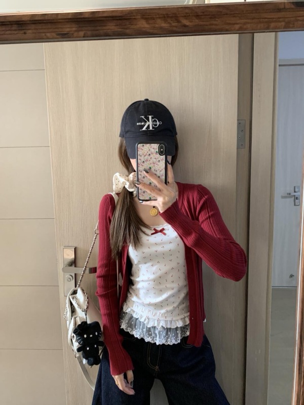 紅色修身針織衫女2025春季新款辣妹百搭外穿開衫上衣