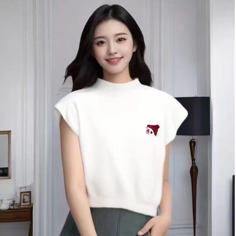 夏季韓版百搭新款時尚半高領純色刺繡小飛袖針織衫上衣女